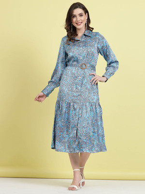 PLUSS Women Shirt Light Blue, White, Black Midi/Calf Length Dress