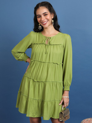 Vishudh Women Tiered Dark Green Above Knee/Mid Thigh Length Dress