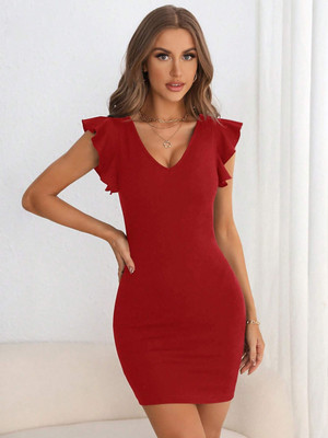 DESIGN PLUS FASHION Women Bodycon Maroon Above Knee/Mid Thigh Length Dress