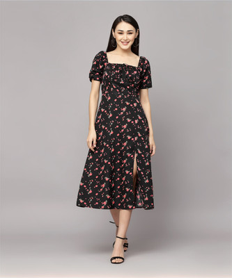 AAYU Women A-line Black, Pink Midi/Calf Length Dress