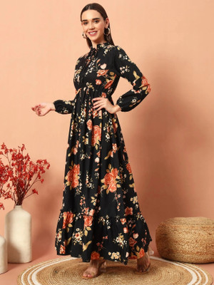 Krunal Raiyani Women Fit and Flare Gold Maxi/Full Length Dress