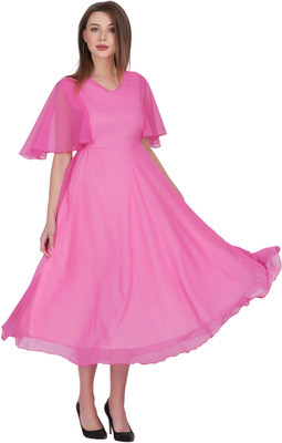 MUZUN Women A-line Pink Midi/Calf Length Dress
