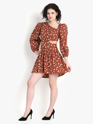 PUTSUM Women Fit and Flare Brown, White Mini/Short Dress