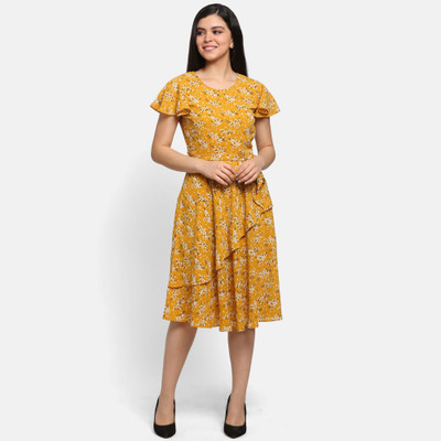 Azzurra Women Fit and Flare Yellow Knee Length Dress