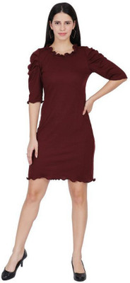 CLOTHINK India Women Bodycon Maroon Above Knee/Mid Thigh Length Dress