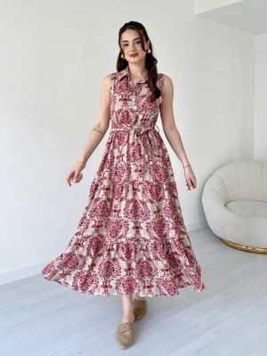 R RANAK CREATION Women Fit and Flare Pink, White Midi/Calf Length Dress