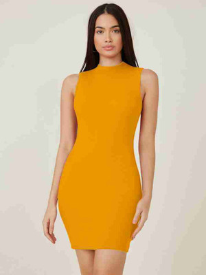SWEVENFASHION Women Bodycon Yellow Above Knee/Mid Thigh Length Dress
