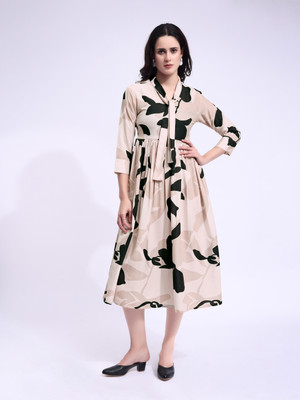 PURVAJA Women Fit and Flare Beige Midi/Calf Length Dress