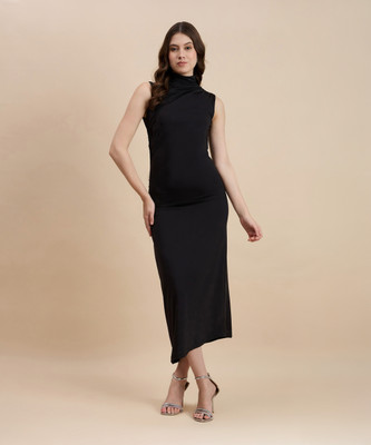 DRAPE AND DAZZLE Women Fit and Flare Black Midi/Calf Length Dress