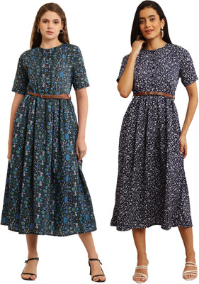 HEAVENS CREATIONS Women Fit and Flare Grey, Light Blue Midi/Calf Length Dress