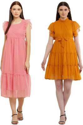 Heaven's creation Women Fit and Flare Yellow, Pink Knee Length Dress