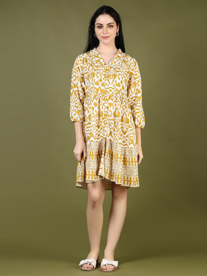 V-MART Women A-line Yellow Knee Length Dress