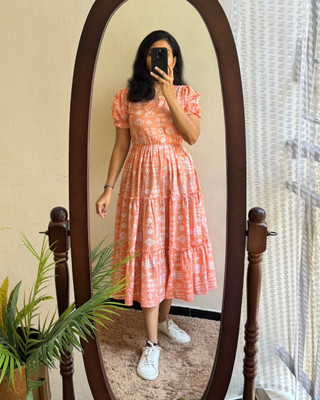 BLOOMORAA FASHION Women A-line Orange Midi/Calf Length Dress