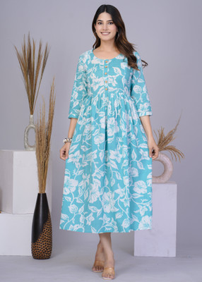 PRANOKH Women Printed Flared Kurta(Blue)