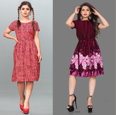 tanvi creation Women Fit and Flare Red Midi/Calf Length Dress