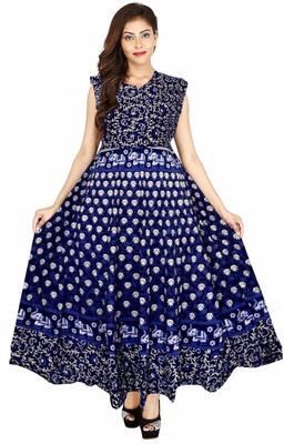 RADHA RANI COLLECTION Women A-line White, Blue Maxi/Full Length Dress