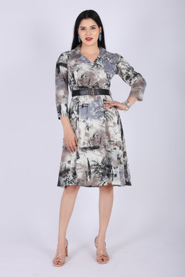 dRose Women Fit and Flare Grey Knee Length Dress