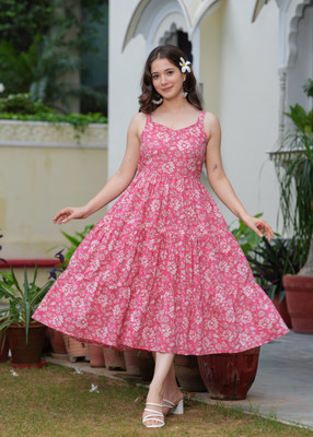 Demirner Women Fit and Flare Pink Midi/Calf Length Dress