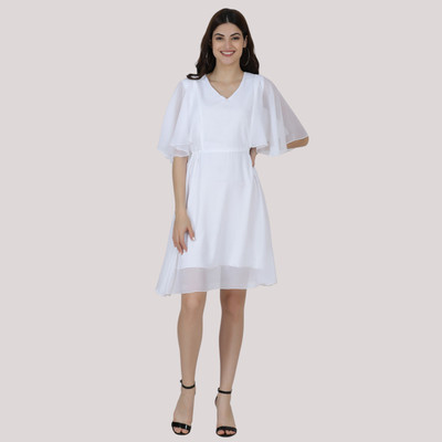 MUZUN Women A-line White Knee Length Dress