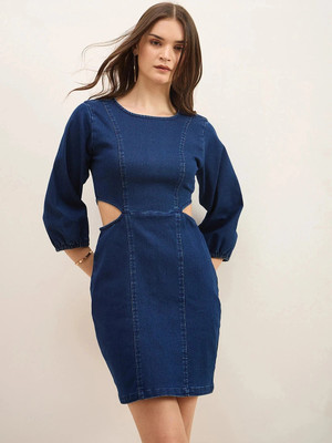 ZUMMER Women Bodycon Dark Blue Above Knee/Mid Thigh Length Dress
