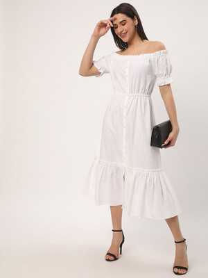 R&B Women A-line White Midi/Calf Length Dress