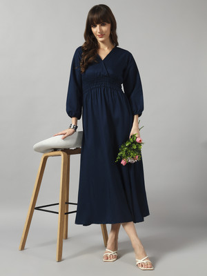 Krunal Raiyani Women Fit and Flare Blue Midi/Calf Length Dress