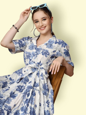 HouseOfCommon Women Fit and Flare White, Blue Midi/Calf Length Dress