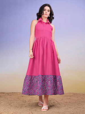 PURVAJA Women Fit and Flare Pink Maxi/Full Length Dress