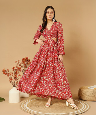 ZWERLON Women Fit and Flare Red Maxi/Full Length Dress