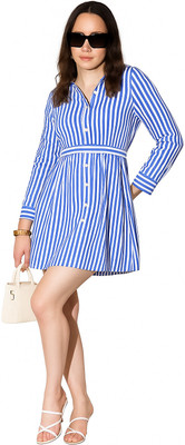 adaah Women A-line Blue, White Above Knee/Mid Thigh Length Dress