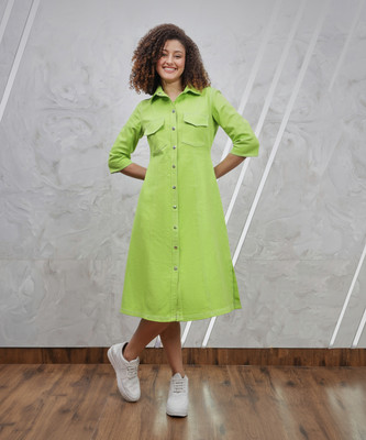 ATHENA Women A-line Light Green Midi/Calf Length Dress