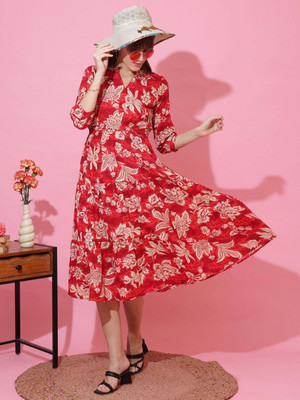 Sheetal Associates Women Fit and Flare Red, Beige Midi/Calf Length Dress