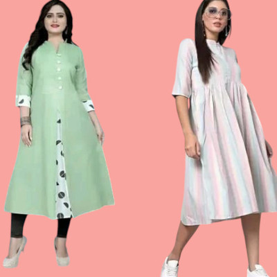 Db Fashionpo Women A-line Green, White Below Knee Dress