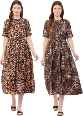 Miranga Women Fit and Flare Maroon, Light Blue Midi/Calf Length Dress