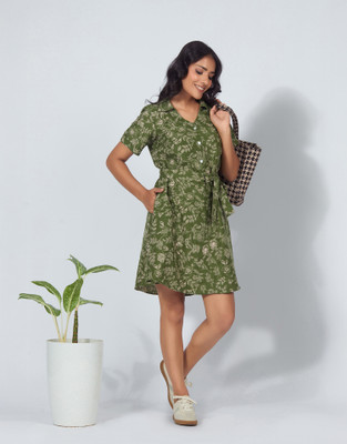 all about you Women A-line Green Above Knee/Mid Thigh Length Dress