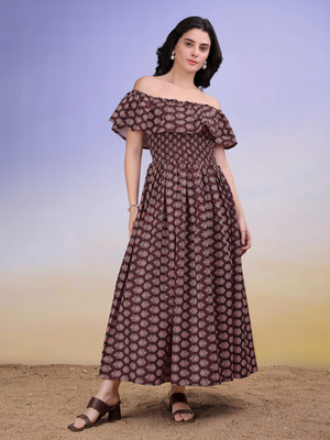 PURVAJA Women Ruffled Brown Maxi/Full Length Dress