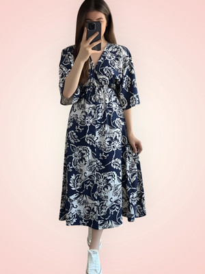 RAAM TEXTILE Women Gown Blue Knee Length Dress