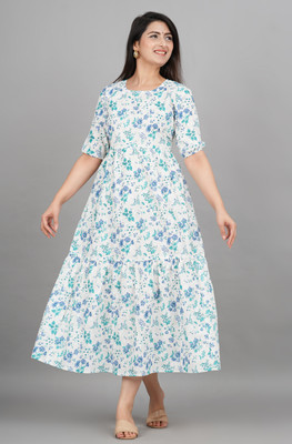 TEESHA Women A-line Blue, Light Blue, White Midi/Calf Length Dress
