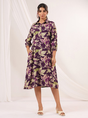 Janasya Women A-line Purple Below Knee Dress