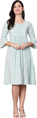 VihaanExim Women A-line Green, White Knee Length Dress