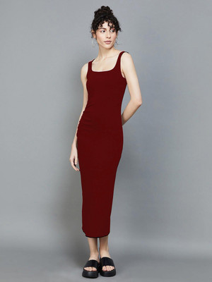 DESIGN PLUS FASHION Women Bodycon Maroon Midi/Calf Length Dress