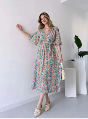 MANOJAVA Women Fit and Flare Brown Midi/Calf Length Dress