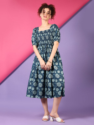 V-MART Women A-line Blue Below Knee Dress