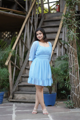 Fashion2wear Women Skater Light Blue Above Knee/Mid Thigh Length Dress