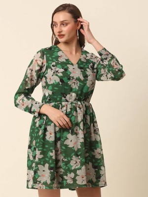 PLUSS Women Fit and Flare Green Dress