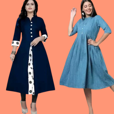 Suhani Creationnm Women Striped, Printed Straight Kurta(Blue, Light Blue)