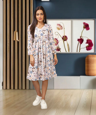 HouseOfCommon Women Fit and Flare White Knee Length Dress