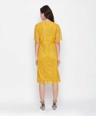 Imfashini Women A-line Yellow Knee Length Dress