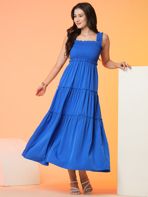 Globus Women Fit and Flare Blue Maxi/Full Length Dress