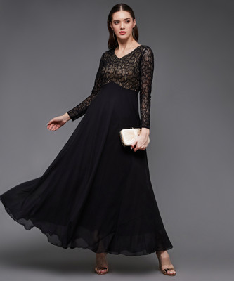 Miss Chase Women Fit and Flare Black Maxi/Full Length Dress